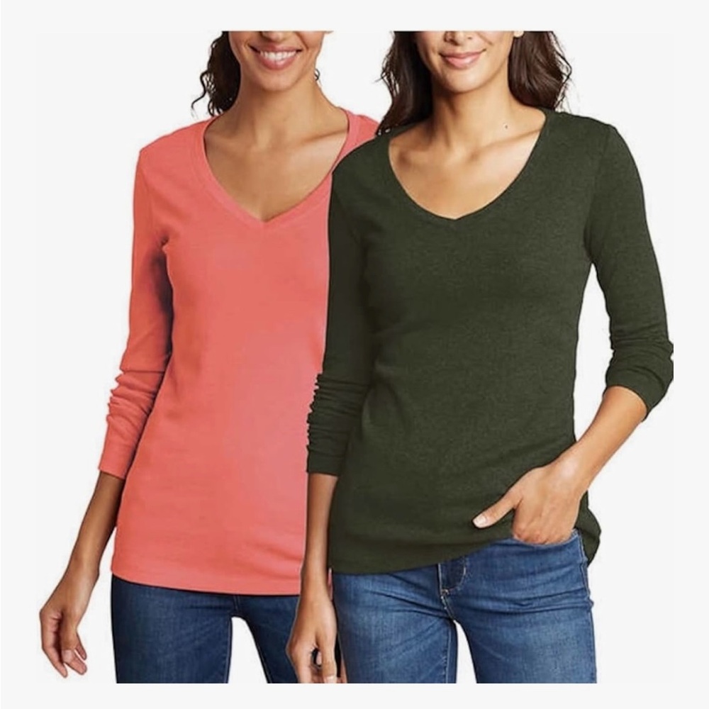 Eddie Bauer Women's Long Sleeve V-Neck 2-Pack T-Shirts Medium,Olive, Rose colors